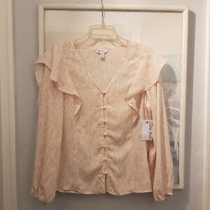 NWT Nine West Pale Pink /Ecru Cheetah Ruffle Blouse  Long Sleeve Sz M Womens